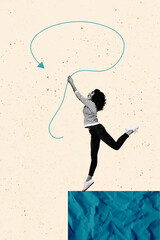 Vertical poster collage young woman hold string arrow direction excited inspiration motivation overcome achieve goal aim target