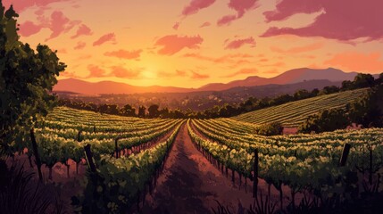 Fototapeta premium Sunset over rolling vineyards, ideal for wine tourism and scenic countryside travel