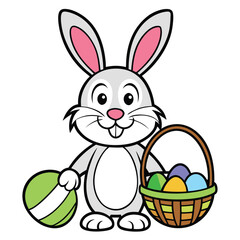 Vector illustration of a cartoonish Easter bunny with a basket of eggs