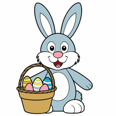 Vector illustration of a cartoonish Easter bunny with a basket of eggs