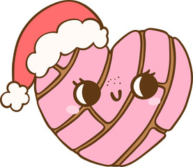 Retro Mexican Christmas Pink Concha heart shape with santa hat Doodle Cartoon