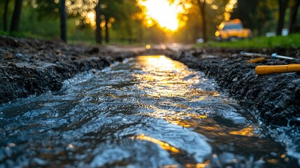 Fototapeta premium Sunset Reflected in a Small Stream of Water Flowing Through a Construction Site