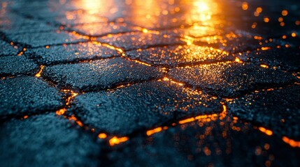 Close-up of Cracked Black Surface with Glowing Orange Lines