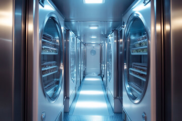 Industrial cold storage room with large metal boxes and a visible camera monitoring system. food safety, industrial storage, and commercial kitchen operations