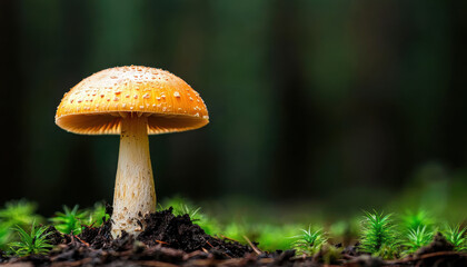 A vibrant orange mushroom stands tall amidst lush green moss in a serene forest setting, showcasing nature's beauty.