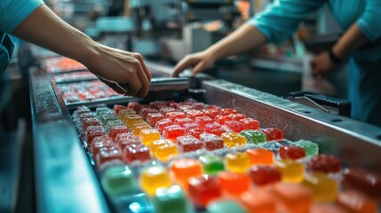 In a bustling candy factory, workers operate a machine that meticulously creates vibrant gummy candies in various shapes and flavors, showcasing the sweet production process