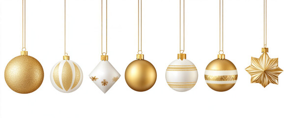 Set of gold and white Christmas ornaments hanging on strings, isolated on a transparent background.
