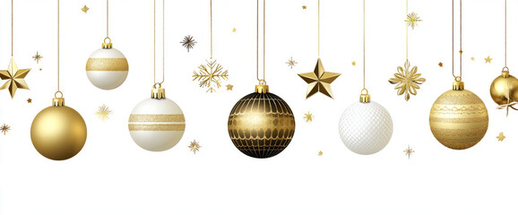 Set of gold and white Christmas ornaments hanging on strings, isolated on a transparent background.