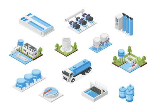 Water purification 3d isometric system. Industrial systems and equipment for clean aqua, separator, treatment, tanks. Isolated flawless vector set