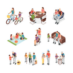 Isometric family with kids. Parents with children walking, eating at home and on nature. Parenting and motherhood, adults and teens flawless vector set