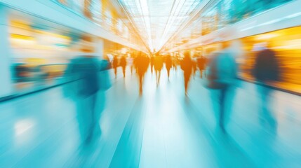 Individuals navigate a crowded office space filled with vibrant energy and blurred motion, capturing the essence of a dynamic workday
