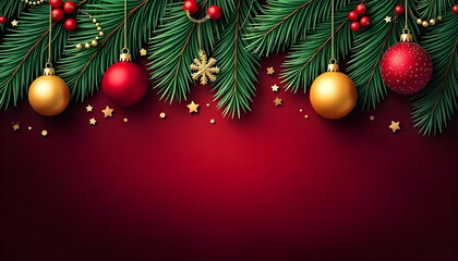 Obraz premium Christmas border with fir branches and decoration ornaments elements on red background. Realistic 3d design. Bright Christmas and New Year background decoration elements 