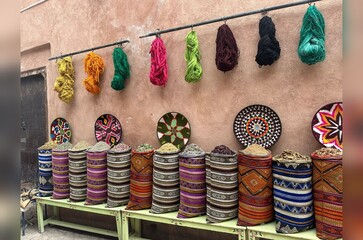 Beautiful colourful souks and market in Morocco full of spices