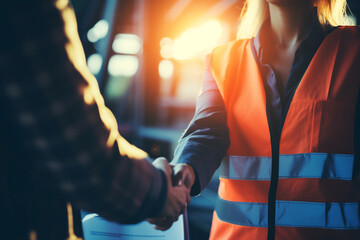 Businessman and engineer shaking hands at construction site