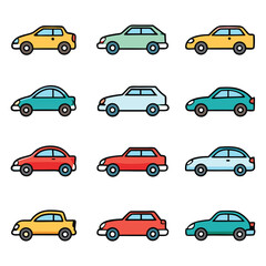 front and side view car icons line and silhouette