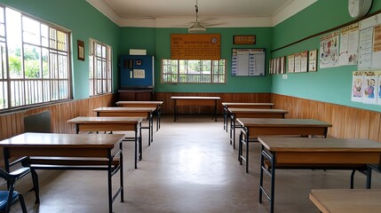 Empty Classroom with Wooden Desks and Green Walls