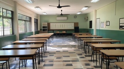 Empty Classroom with Rows of Desks