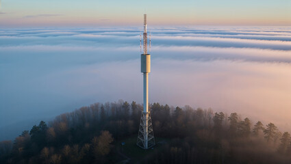 Obraz premium Tall communication tower emerging over a blanket of fog.
