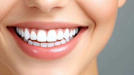 Close-Up of Womans Perfect Smile with Healthy White Teeth and Pink Lips, Dental Care Concept