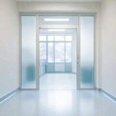 Empty Hospital Corridor, Glass Doors, Modern Medical Clinic Interior, Healthcare Concept