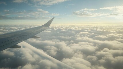Obraz premium Airplane wing in flight above clouds, symbolizing air travel and international transport