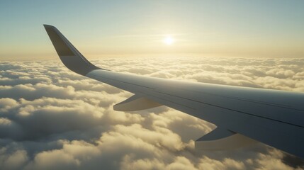 Airplane wing in flight above clouds, symbolizing air travel and international transport