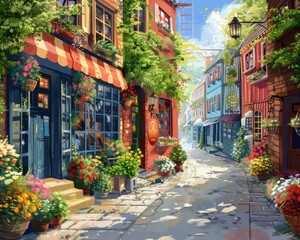 Fototapeta premium Small Town Street. Colorful Sidewalk Scene with Charming Facades and Floral Details
