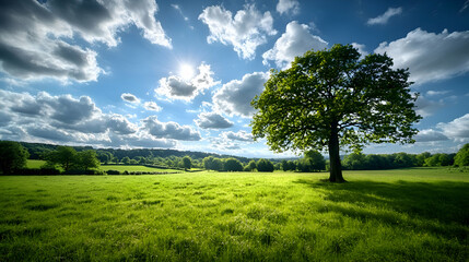 A lone tree stands tall in a lush green field under a bright blue sky with fluffy clouds.