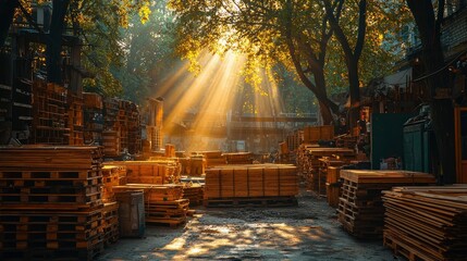 Sunbeams Illuminating Stacks of Wood Pallets in a Yard