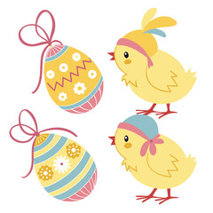 Collection of colorful Easter eggs and cute chicks