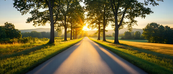 A scenic road lined with trees, bathed in the warm glow of sunrise.