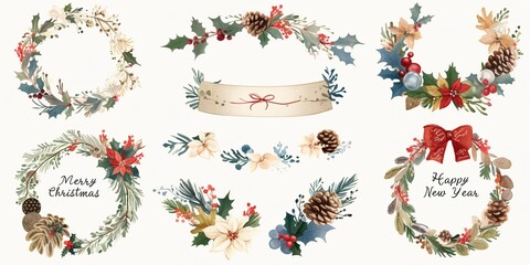 Watercolor Christmas Cards with Winter Wreaths, Pine Cones, and Holly Berries &ndash; Simple, Minimalist Design Featuring 'Merry Christmas' and 'Happy New Year' on White Background