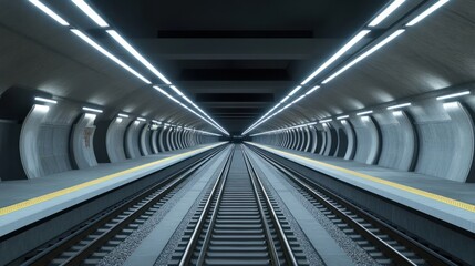 Naklejka premium City metro station with empty tracks, representing urban transit and fast city travel