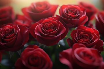 Obraz premium A lush arrangement of vibrant red roses, showcasing their intricate petals and rich color, evoking feelings of romance and beauty.