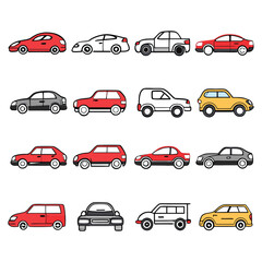 front and side view car icons line and silhouette