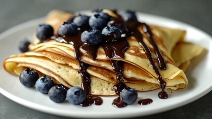 Crepes, thin pancakes with chocolate sauce and fresh blueberries. Grey background.