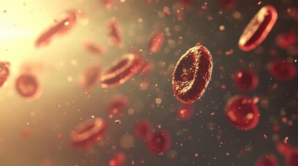 3D illustration of red blood cells floating in golden light, highlighting the beauty and complexity of human biology and health.