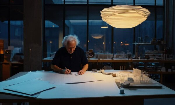 A person working at a large table in a modern, well-lit space.