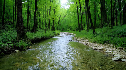 Obraz premium A tranquil stream flows through a lush green forest.