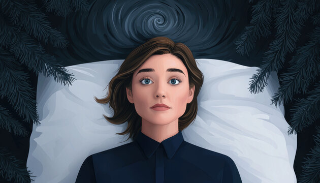 An introspective woman lies on a bed, surrounded by dark foliage, gazing upwards into a swirling, mysterious void.
