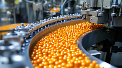 Fototapeta premium Automated machinery efficiently fills orange pill bottles in a pharmaceutical production facility during daylight hours