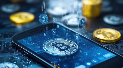 Digital currency on smartphone with Bitcoin and coins floating