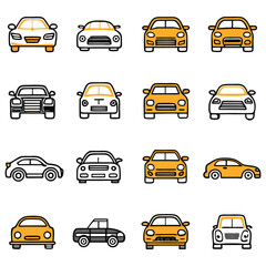 front and side view car icons line and silhouette