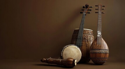  Happy world music day. Musical instruments on brown background