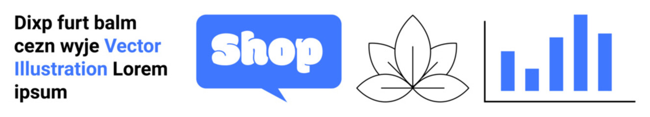 Blue speech bubble with the word Shop, a black line art lotus flower, and a growing blue bar graph. Ideal for e-commerce, health, wellness, business growth, vector graphics. Banner for landing page