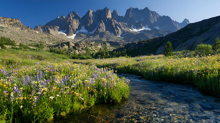 A winding stream flows through a meadow of wildflowers with a mountain range in the background.