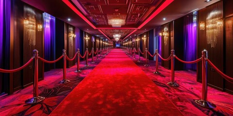 Luxurious red carpet adorned with barrier ropes designed specifically for VIP events, creating an exclusive and glamorous atmosphere for distinguished guests.