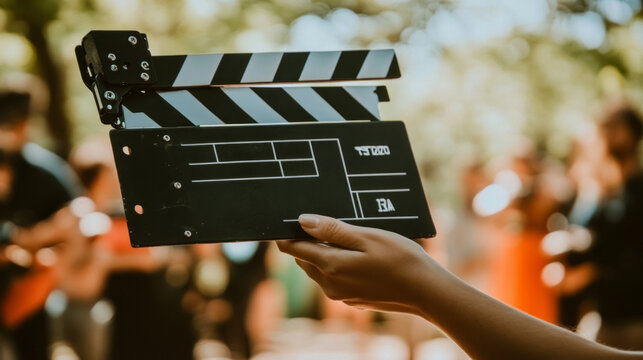 A filmmaker's hand snaps a clapperboard shut during an outdoor filming session in bright daylight with crew members in the background