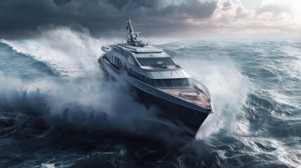 Naklejka premium High-speed ferry boat cutting through waves, representing fast water transport on an ocean backdrop