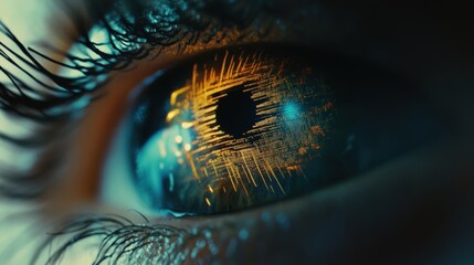 This close-up showcases an eye being scanned by advanced iris recognition technology in a secure environment, highlighting intricate patterns and details